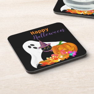 Happy Halloween Ghost and Black Cat Plastic Beverage Coaster