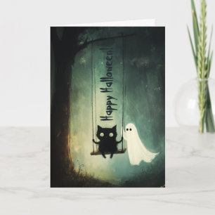 Happy Halloween Ghost and Cat on Swing Letterpress Thank You Card