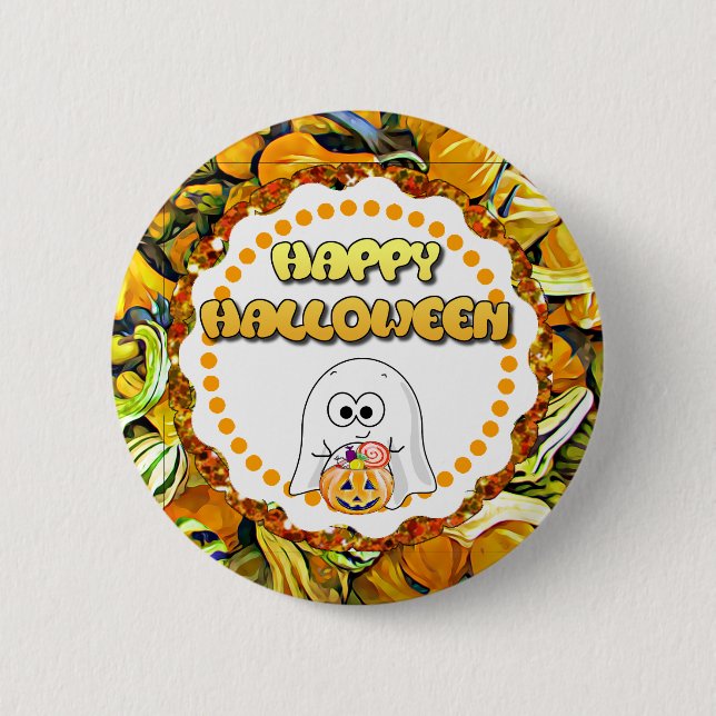 Happy Halloween Ghost and Gourds Button (Front)