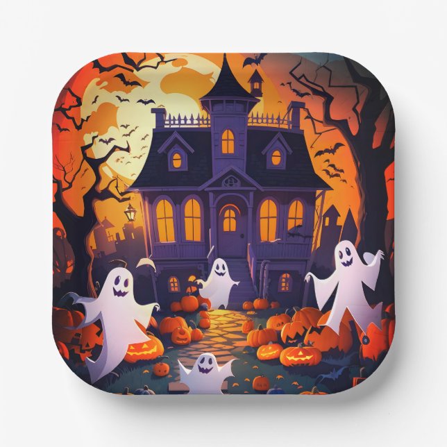 Happy Halloween Ghost And Haunted House Paper Plates (Front)