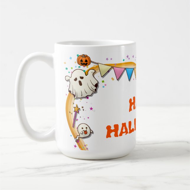 Happy Halloween Ghost and Pumpkins Coffee Mug (Left)