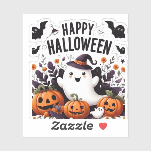 Happy Halloween Ghost and Pumpkins Fun Art Tee Sticker (Sheet)