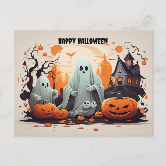Happy Halloween Ghost and Pumpkins Holiday Postcard (Front)