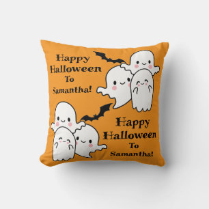 Happy Halloween Ghost Bat Orange Throw Pillow