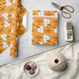 Happy Halloween Ghost Bat Orange Wrapping Paper