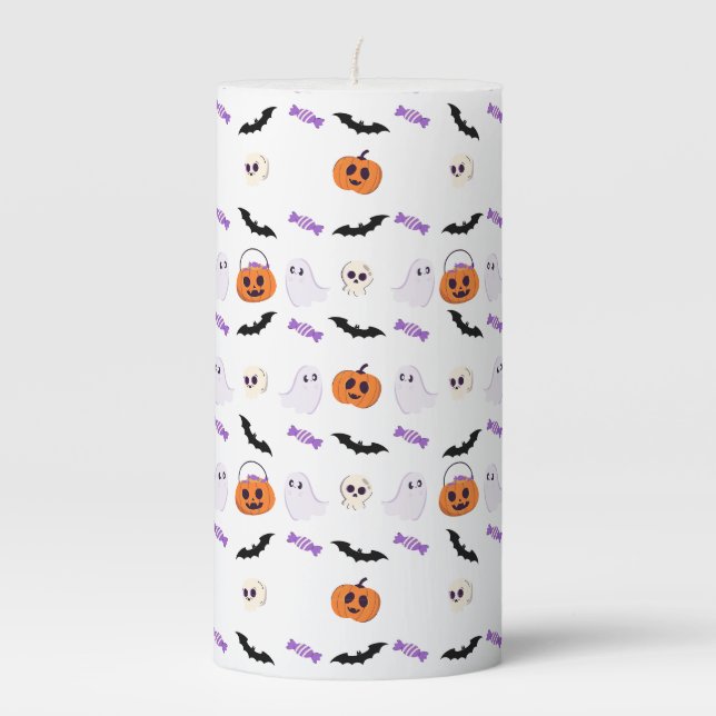 Happy Halloween Ghost Bats Pumpkin Trick or Treat  Pillar Candle (Front)