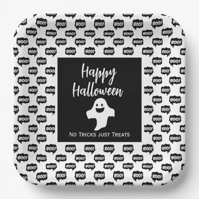 Happy Halloween ghost boo no tricks just treats Paper Plates (Front)