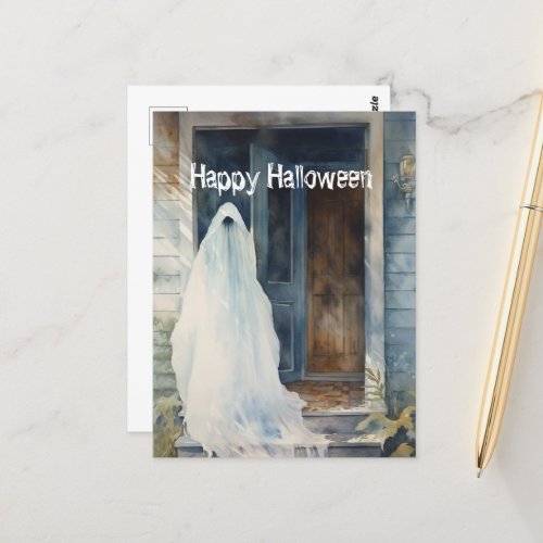 Happy Halloween Ghost Entering House Postcard