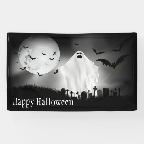 Happy Halloween Ghost in Graveyard Banner