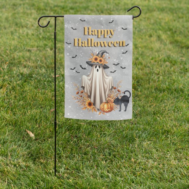 Happy Halloween Ghost in Witches Hat, Black Cat Garden Flag (In SItu)