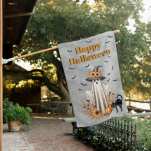 Happy Halloween Ghost in Witches Hat, Black Cat