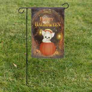 Happy Halloween Ghost Kitty in Pumpkin Garden Flag