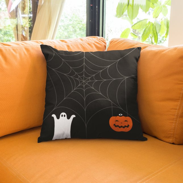 Happy Halloween | Ghost & Pumpkin Spider Web Throw Pillow (Creator Uploaded)