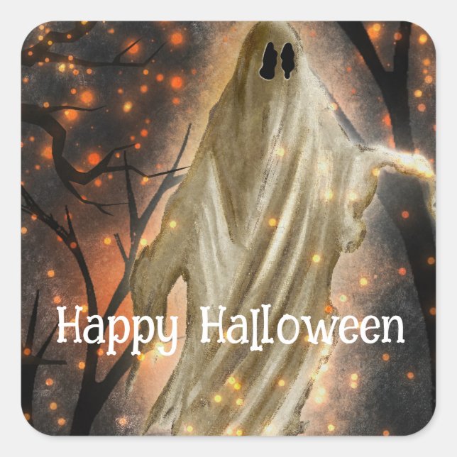 Happy Halloween Ghost Square Sticker (Front)