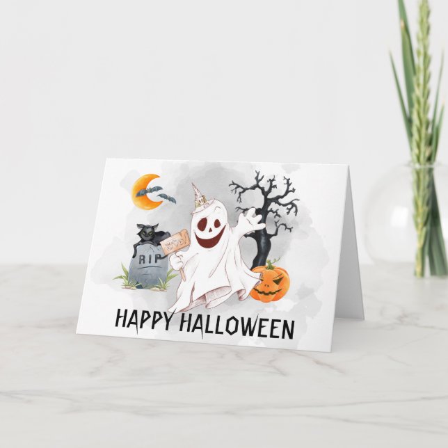Happy Halloween Ghost Watercolor  Card (Front)