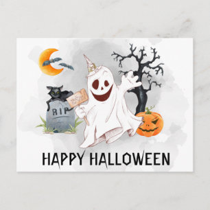 Happy Halloween Ghost Watercolor Postcard