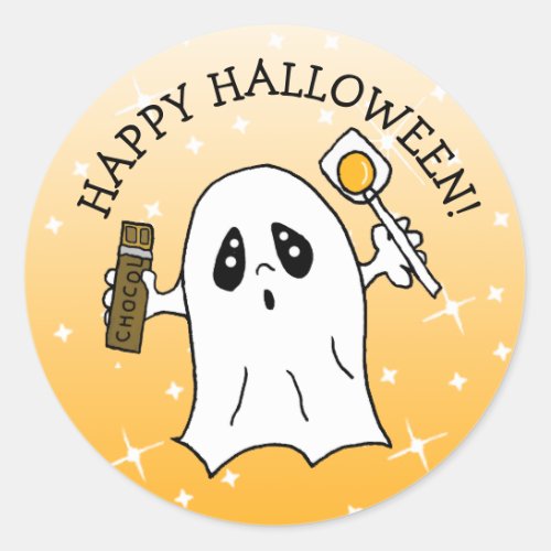 Happy Halloween Ghost with Candy Bar Classic Round Sticker