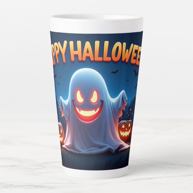 Happy Halloween Ghost With Glowing Pumpkins Night  Latte Mug (Front)