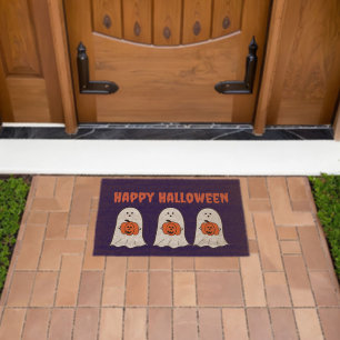 Happy Halloween Ghosts with Jack-o-Lanterns Fiber Doormat
