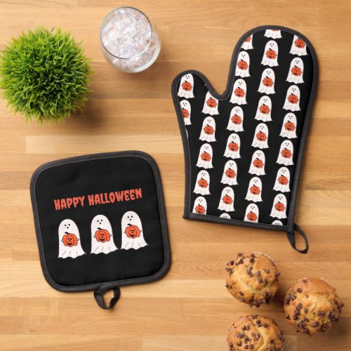 Happy Halloween Ghosts with Jack_o_Lanterns Oven Mitt  Pot Holder Set