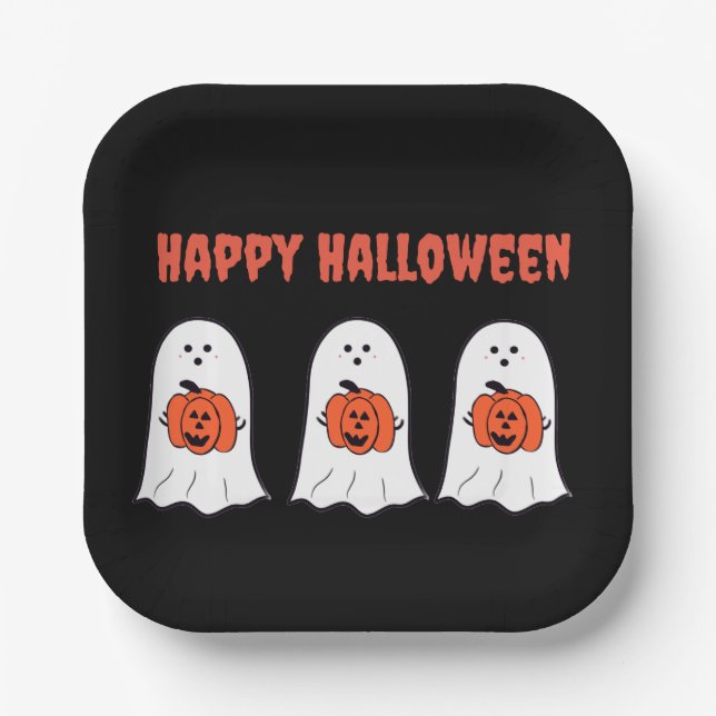 Happy Halloween Ghosts with Jack-o-Lanterns Paper Plates (Front)
