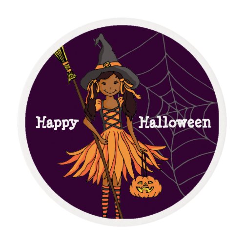 Happy Halloween girl with pumpkin frosting Edible Frosting Rounds