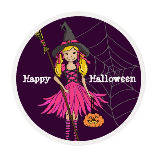 Happy Halloween girl with pumpkin frosting Edible Frosting Rounds