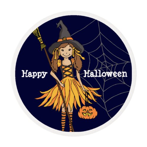 Happy Halloween girl with pumpkin frosting Edible Frosting Rounds