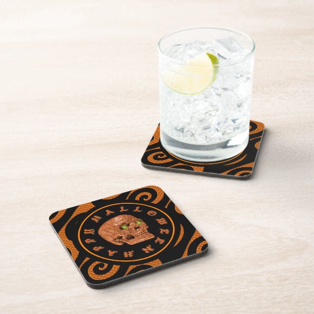 Happy Halloween Glitter Skull Square Coasters (Right Side)