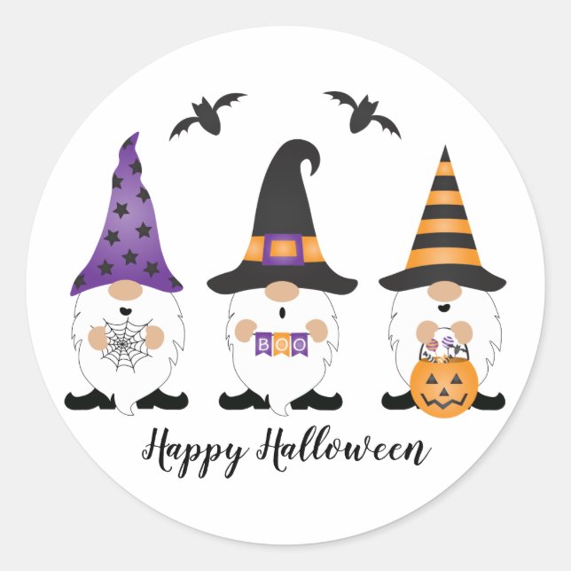 Happy Halloween Gnomes Purple Orange Classic Round Sticker (Front)