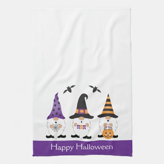 Happy Halloween Gnomes Purple Orange Kitchen Towel (Vertical)