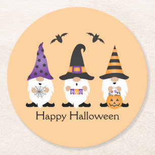 Happy Halloween Gnomes Purple Orange Round Paper Coaster