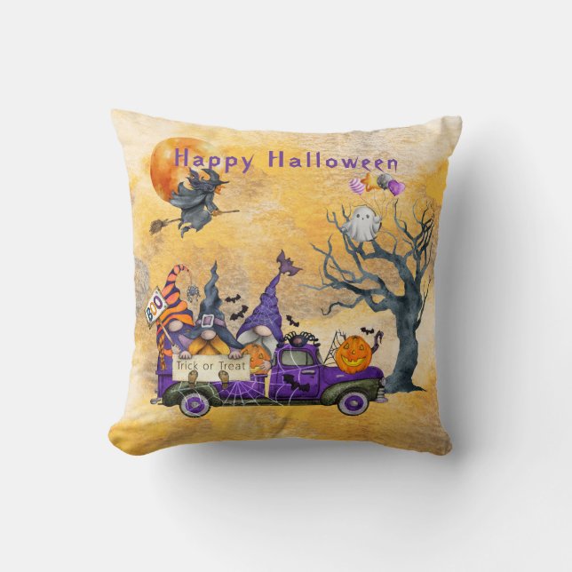 Happy Halloween Gnomes Witch Cat Dog & Ghost Throw Pillow (Front)