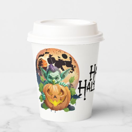 Happy Halloween Goblin Hiding Behind Pumpkin Paper Cups