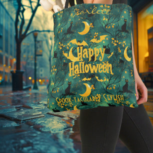 Happy Halloween – Golden Moon, Black Cats & Spooky Tote Bag