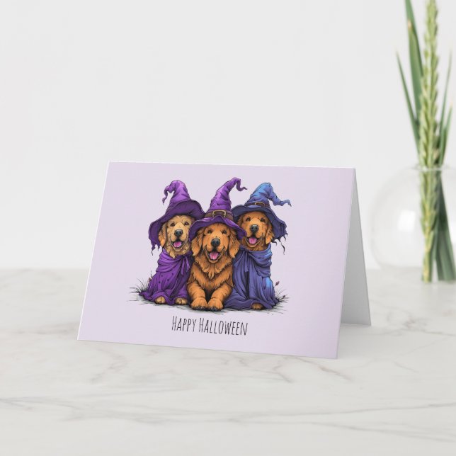 Happy Halloween Golden Retriever Dogs Witches Card (Front)