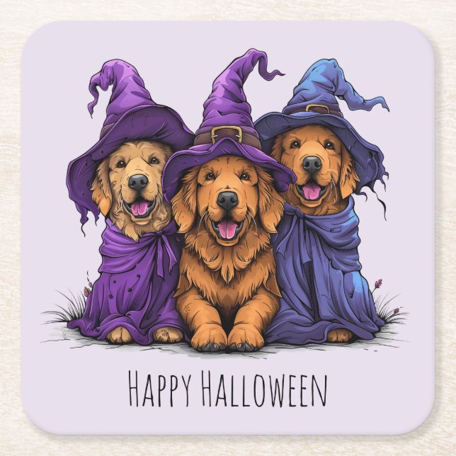 Happy Halloween Golden Retriever Dogs Witches Square Paper Coaster (Front)