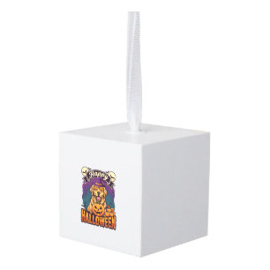 Happy Halloween Golden Retriever Witch Hat Pumpkin Cube Ornament