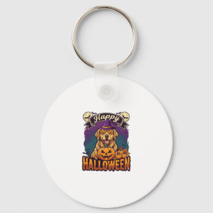 Happy Halloween Golden Retriever Witch Hat Pumpkin Keychain