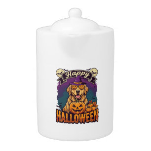 Happy Halloween Golden Retriever Witch Hat Pumpkin Teapot