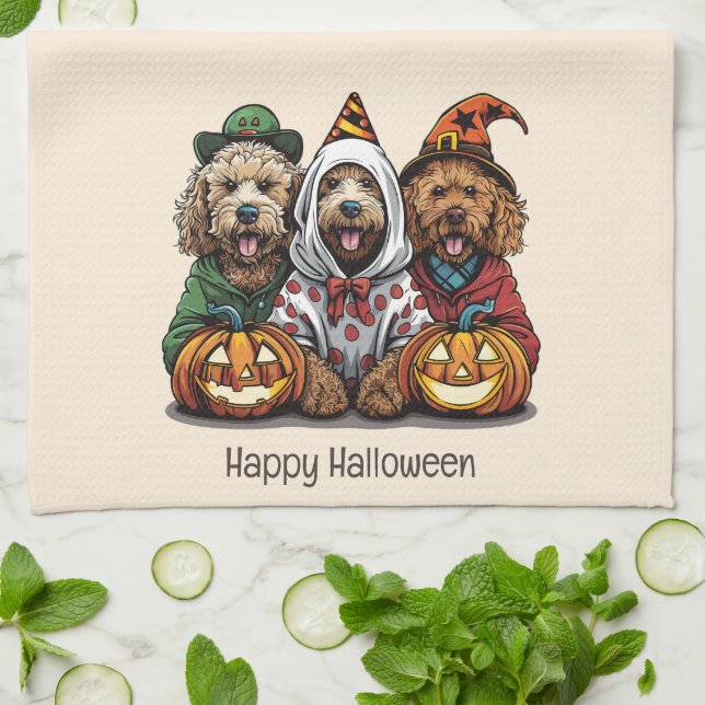Happy Halloween Goldendoodle Dogs Kitchen Towel (Folded)
