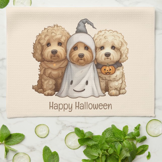 Happy Halloween Goldendoodle Dogs Kitchen Towel (Folded)