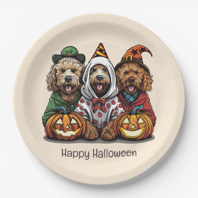 Happy Halloween Goldendoodle Dogs Paper Plates (Front)