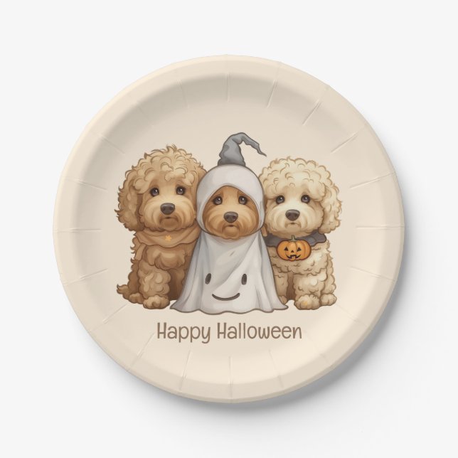 Happy Halloween Goldendoodle Dogs Paper Plates (Front)