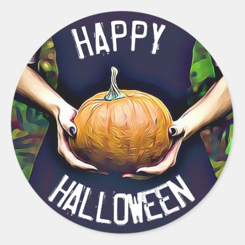Happy Halloween Gothic Girl Holding Pumpkin Sticke Classic Round Sticker