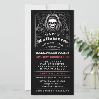 Happy Halloween Gothic Skull Admit One Invitation | Zazzle