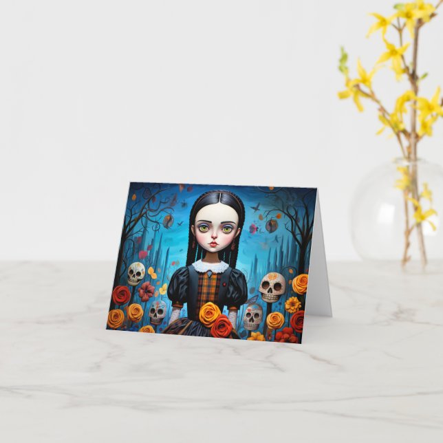 Happy Halloween Gothic Witch Girl Illustration Card (Yellow Flower)