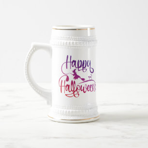 Happy Halloween gradient flying witch cat  Beer Stein