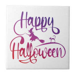 Happy Halloween gradient flying witch cat Ceramic Tile