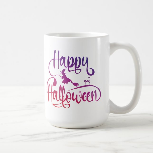 Happy Halloween gradient flying witch cat  Coffee  Mug (Right)